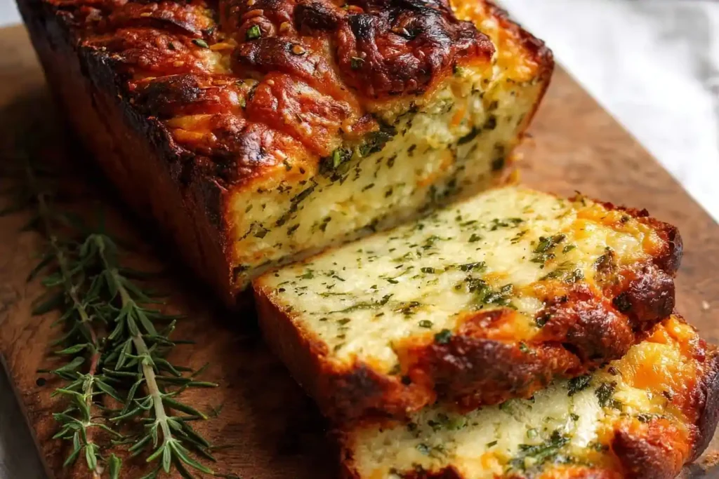 Close-up of a sliced {{ $('Fetch Recipe Data').first().json["Main Keyword"] }} loaf on a wooden board with fresh rosemary and melted cheese.