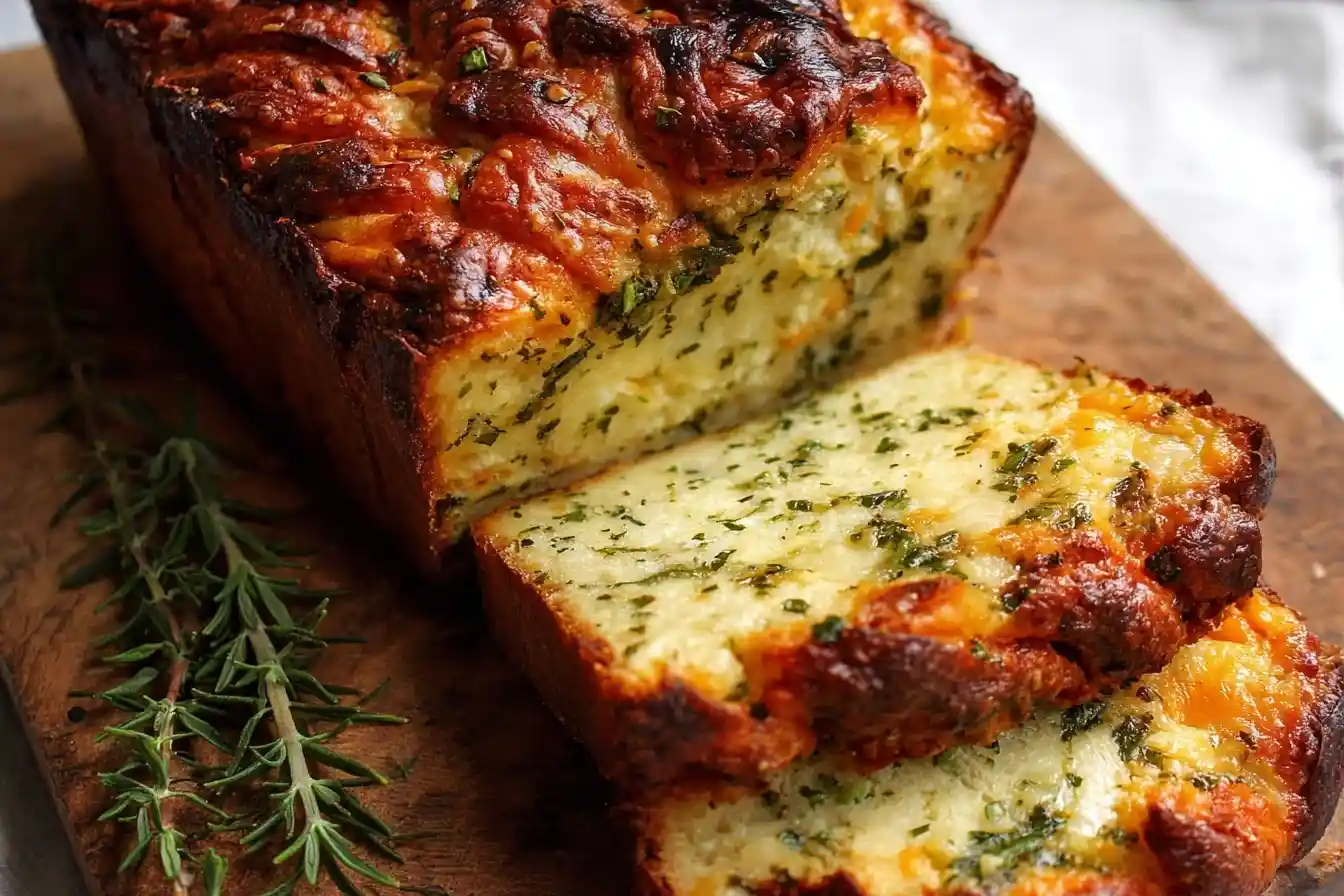 Close-up of a sliced {{ $('Fetch Recipe Data').first().json["Main Keyword"] }} loaf on a wooden board with fresh rosemary and melted cheese.