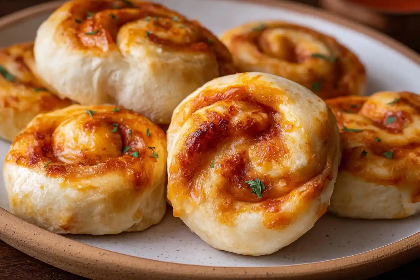 Close-up of golden-brown Pizza Rolls on a plate, filled with sauce and cheese and garnished with herbs.