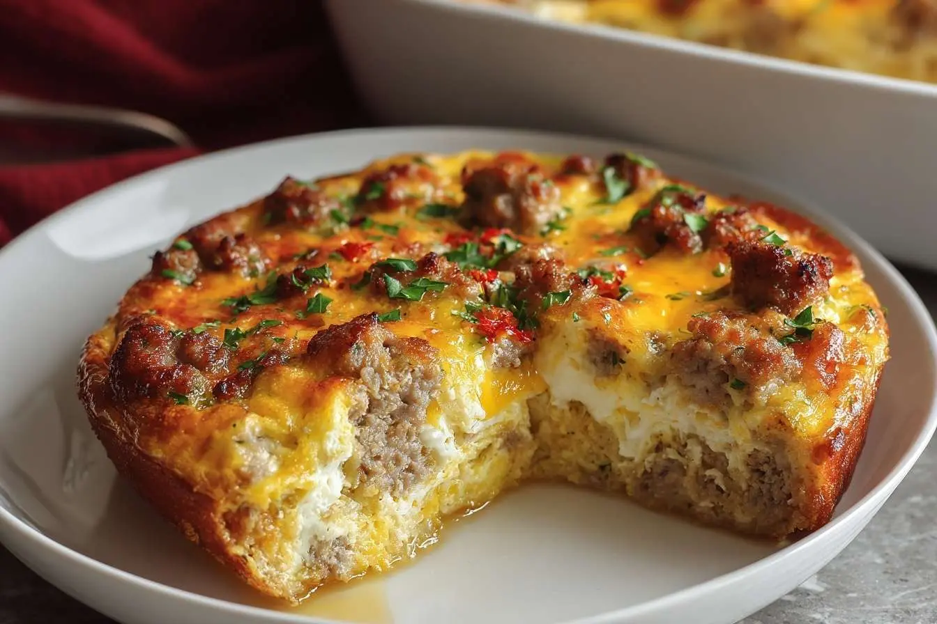 A single serving of a hearty Sausage Egg Casserole with melted cheese and parsley on a white plate, with a slice taken out.