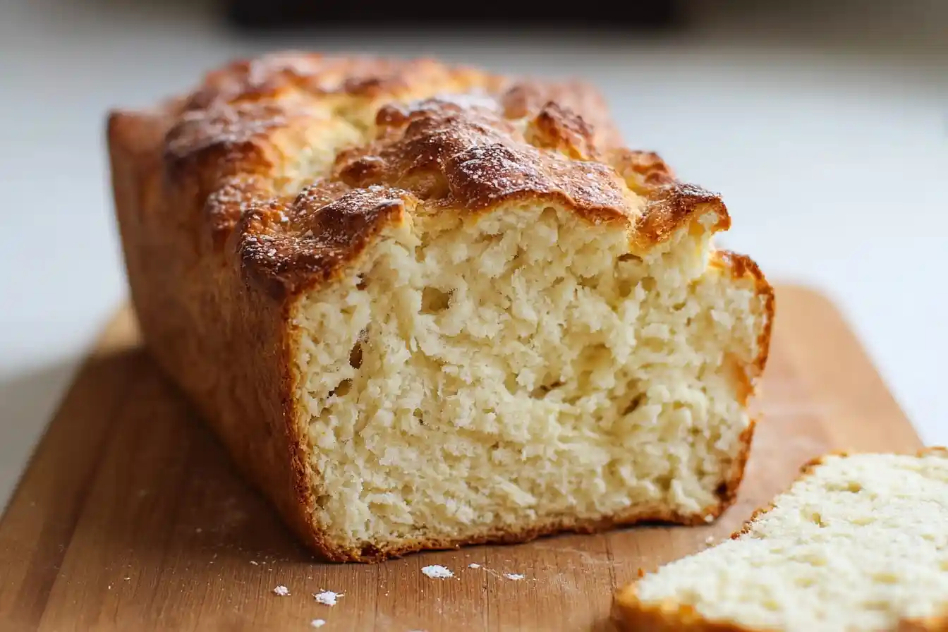 Close-up of a sliced loaf of homemade beer bread on a wooden cutting board showing the fluffy white interior.
