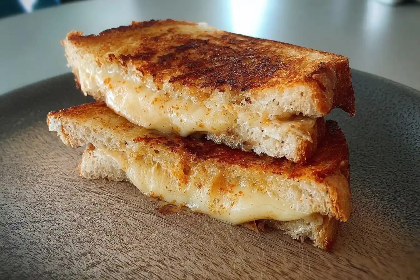 Golden brown grilled cheese sandwich cut in half and stacked on a plate with melted cheese oozing out.