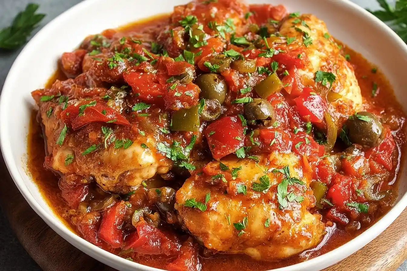 Close-up of Chicken Cacciatore with green olives, peppers, and fresh herbs in a rich tomato sauce.