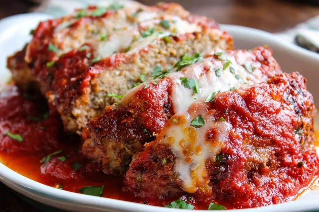Thick slices of juicy Italian Meatloaf in a white dish, topped with rich marinara sauce, melted cheese, and fresh parsley.