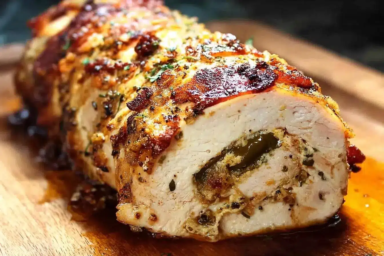 A sliced, bacon-wrapped {{ $('Fetch Recipe Data').first().json["Main Keyword"] }} with a cheesy jalapeño popper filling on a cutting board.