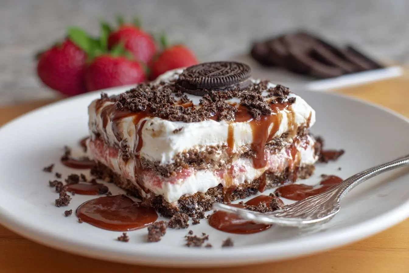 A slice of a layered Oreo strawberry dessert on a white plate, topped with cookie crumbles and a chocolate drizzle.