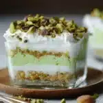 A layered Pistachio Lush dessert in a square glass, featuring a nutty crust, creamy layers, and a topping of chopped pistachios.