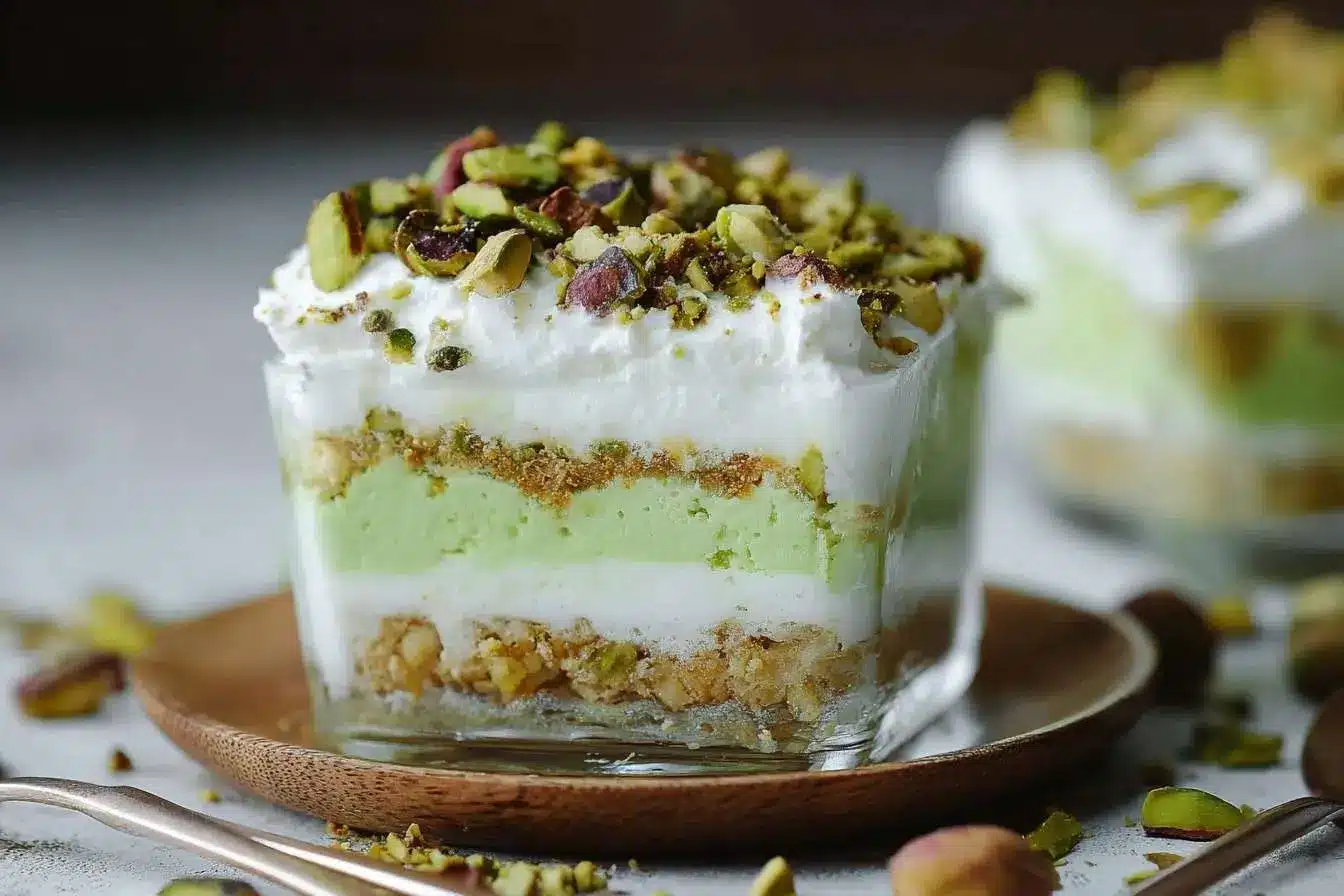 A layered Pistachio Lush dessert in a square glass, featuring a nutty crust, creamy layers, and a topping of chopped pistachios.