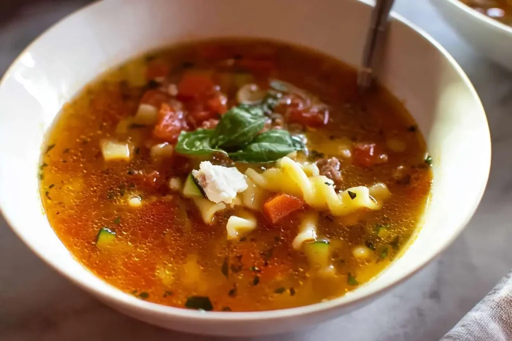 A close-up of a white bowl filled with hearty Italian Sausage Soup with pasta, vegetables, and a basil garnish.