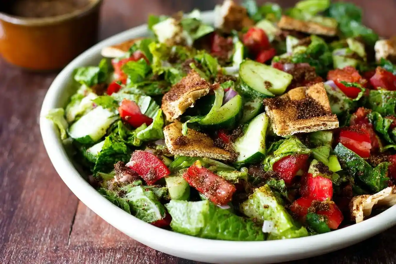 Close-up view of a fresh Fattoush Salad bowl topped with crispy pita chips, cucumbers, tomatoes, and zesty sumac.