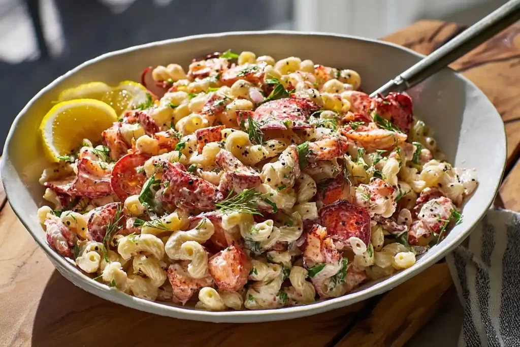 Close-up of a creamy Lobster Pasta Salad bowl with succulent meat, spiral pasta, fresh herbs, and lemon wedges.