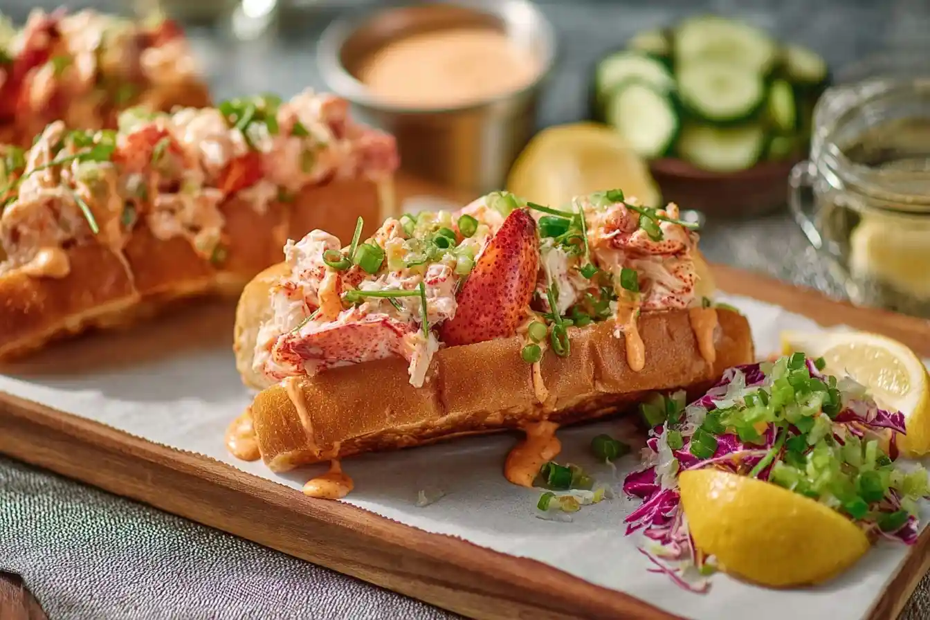 Close-up of delicious lobster rolls piled high on toasted buns with a creamy drizzle and fresh chives.