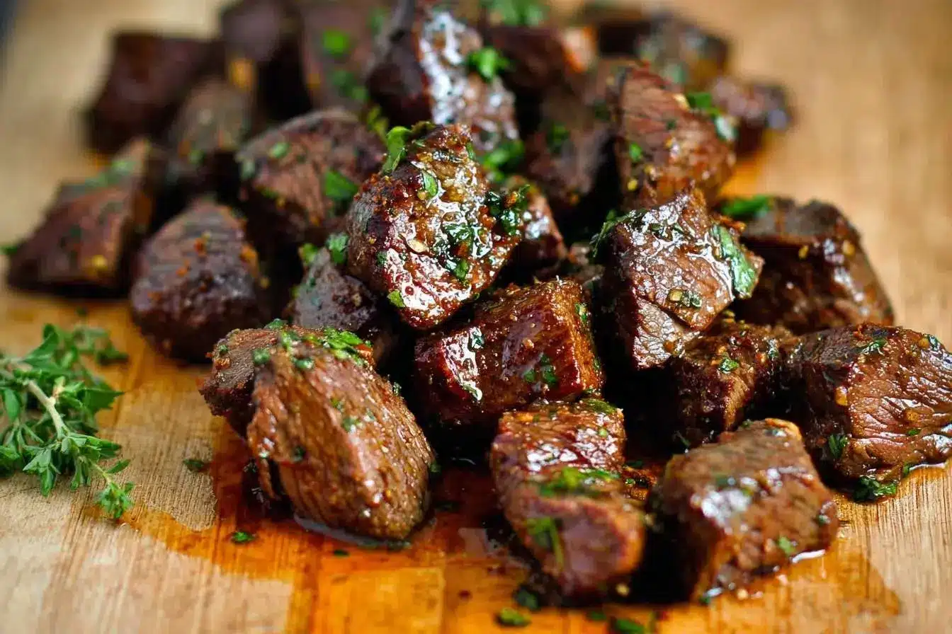 A close-up of juicy garlic butter steak bites piled on a wooden cutting board, garnished with fresh herbs like parsley and thyme.