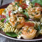 A close-up of a vibrant shrimp pasta salad with rotini pasta, tomatoes, feta cheese, and a pesto dressing on a brown plate.