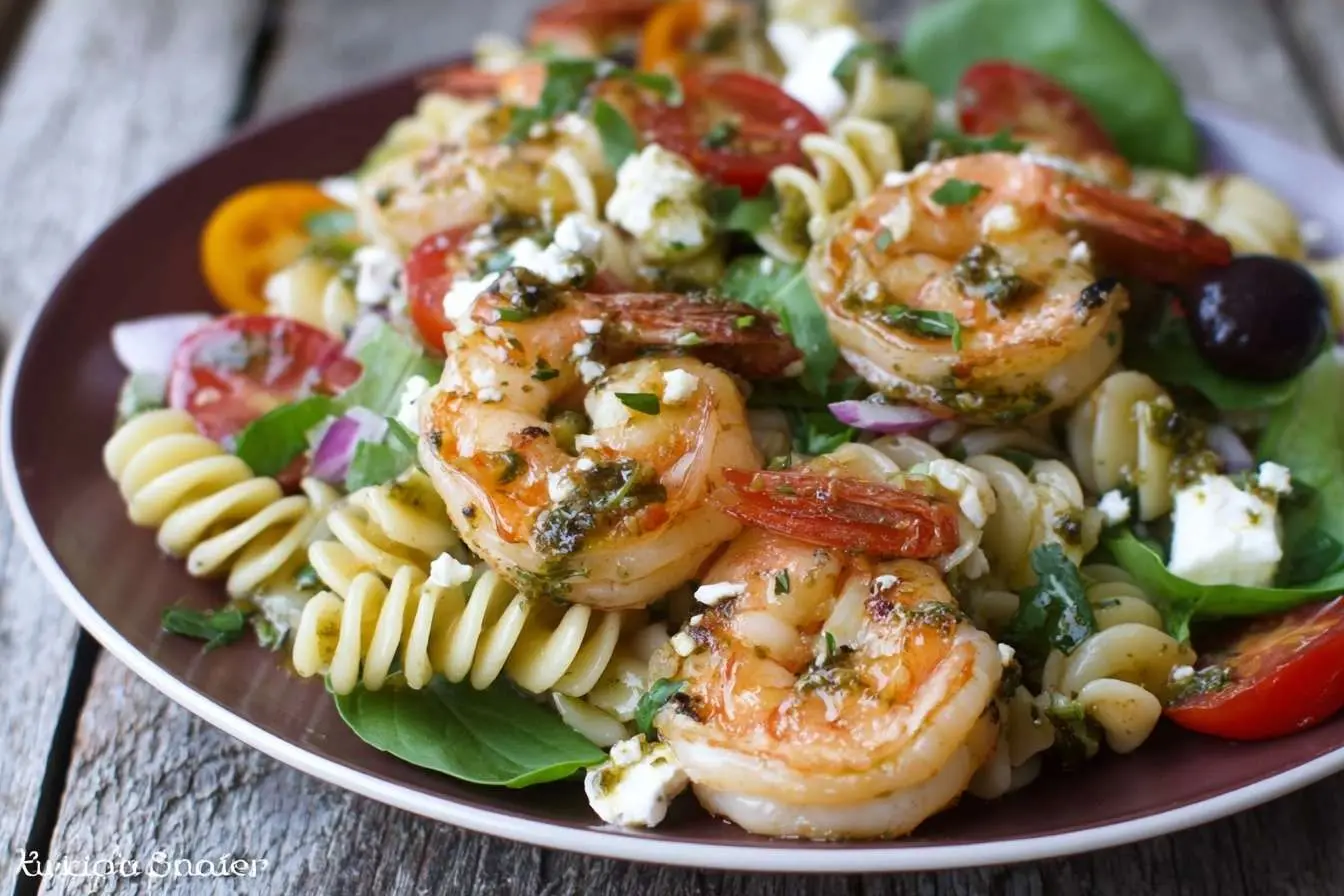 A close-up of a vibrant shrimp pasta salad with rotini pasta, tomatoes, feta cheese, and a pesto dressing on a brown plate.