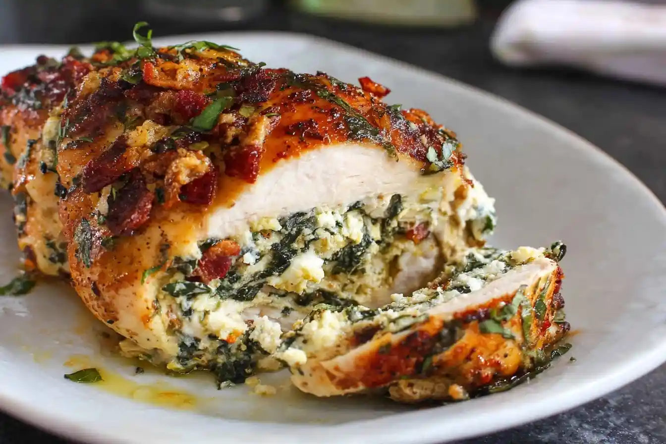 Close-up of a sliced Spinach Stuffed Chicken Breast with creamy filling and crispy bacon topping.