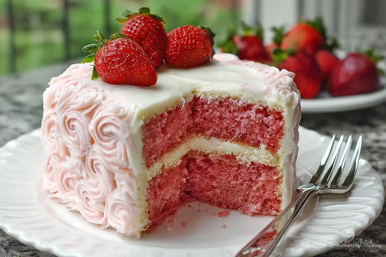 Sliced pink strawberry cake with rosette frosting and fresh strawberries on a white plate.