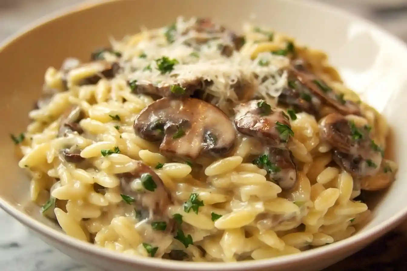 Close-up bowl of Creamy Mushroom Orzo loaded with sautéed mushrooms, parmesan cheese, and fresh herbs.