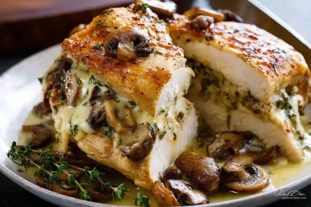 A close-up shot of a golden-brown Mushroom Stuffed Chicken Breast, sliced open to reveal a cheesy mushroom and herb filling.