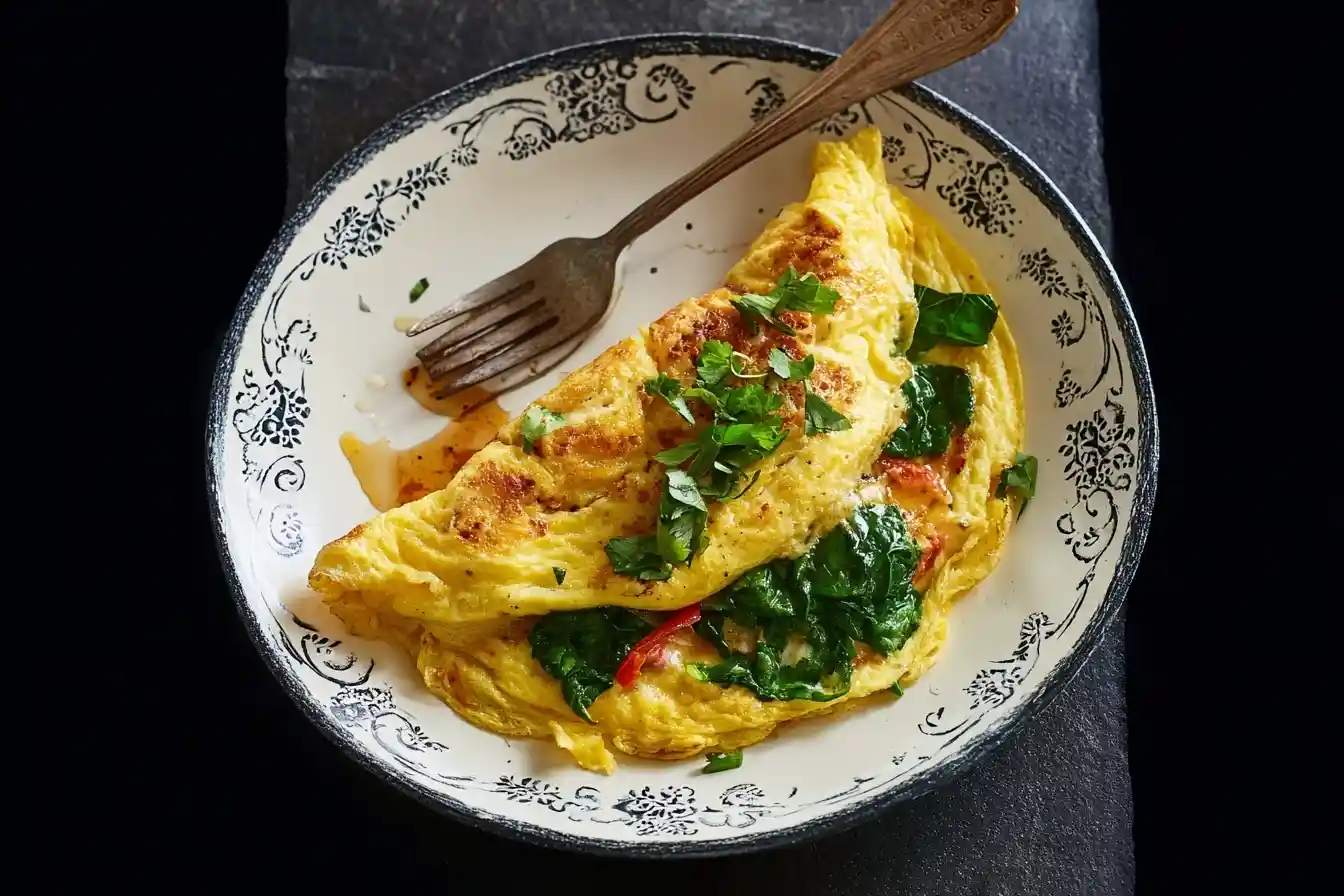 Golden brown spinach omelet folded with sautéed greens and red peppers on a vintage decorative plate.