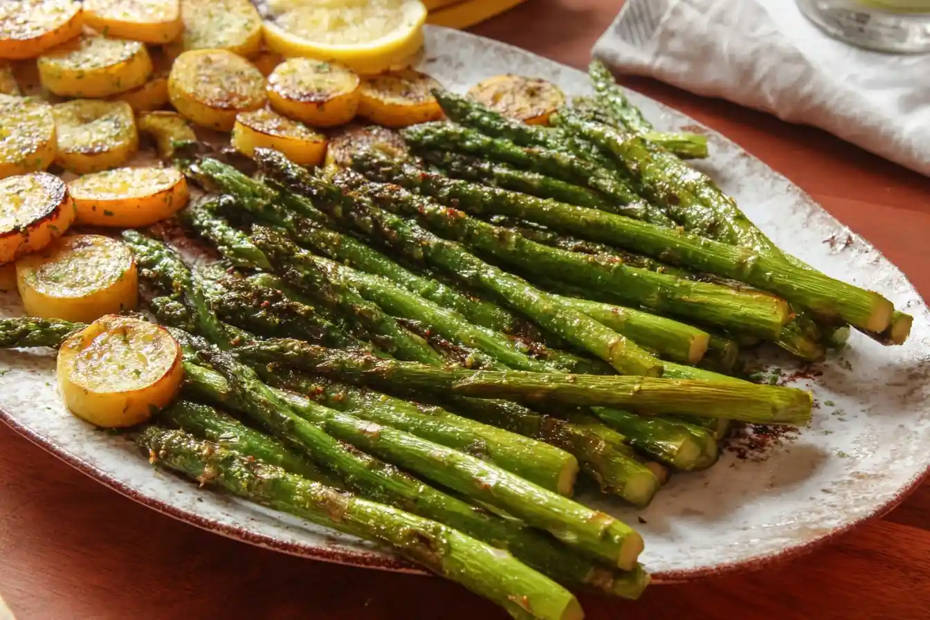 A serving platter filled with seasoned roasted asparagus and squash slices with a lemon wedge.