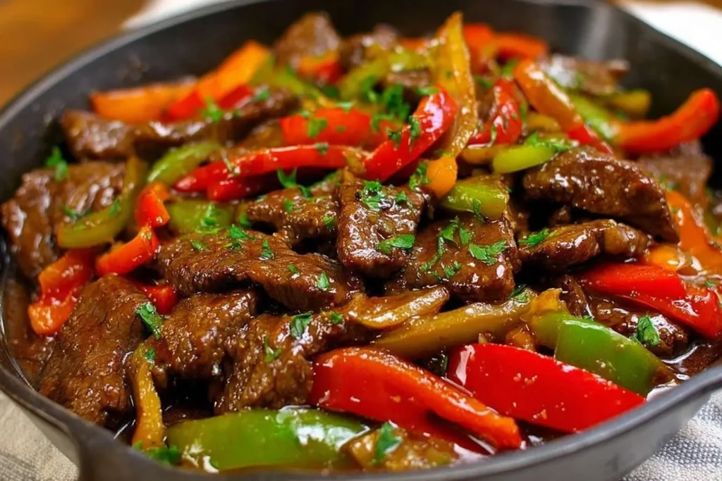 A close-up of a cast-iron skillet filled with savory {{ $('Fetch Recipe Data').first().json["Main Keyword"] }} made with tender beef and colorful bell peppers.