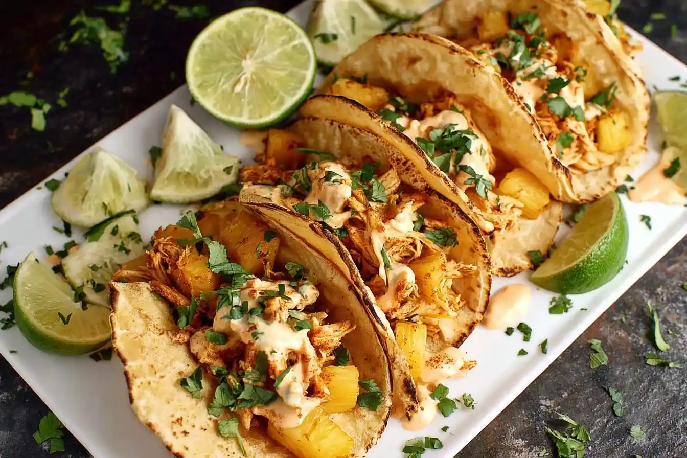 Platter of four Pineapple Chicken Tacos topped with creamy sauce, cilantro, and served with lime wedges