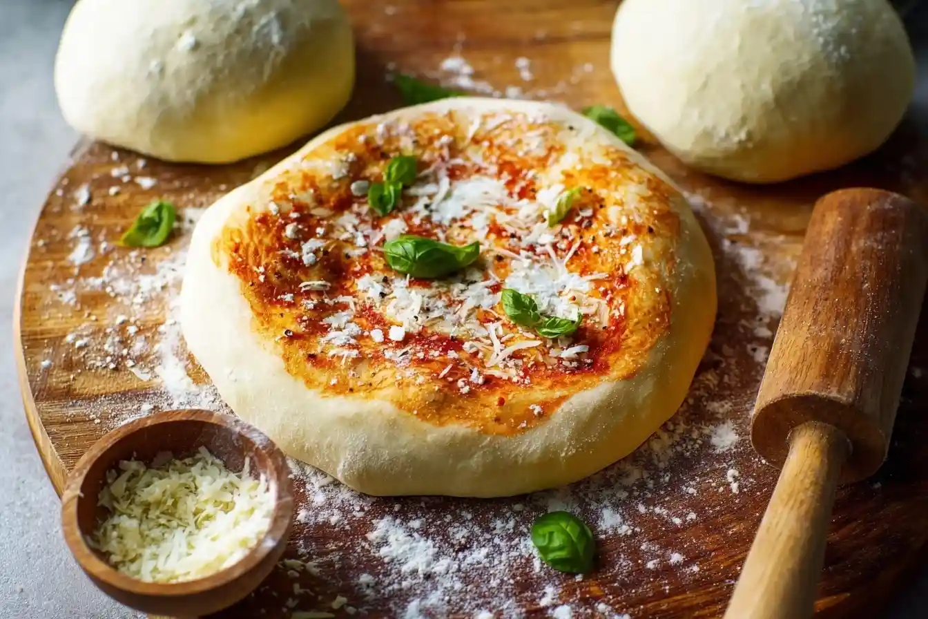 Prepared homemade pizza dough base topped with sauce, cheese, and basil on a floured wooden board next to raw dough balls.