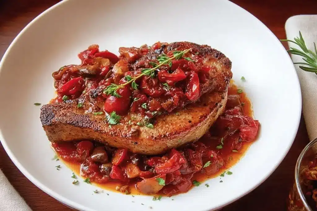 A perfectly seared pork chop in a white bowl, topped with a rustic and savory Pork Chops with Cherry Tomato Pan Sauce and thyme.