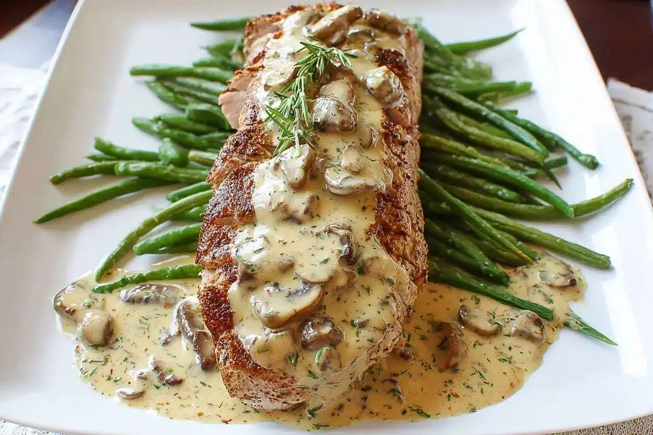 A perfectly cooked Pork Tenderloin with Mushroom Sauce served on a bed of green beans and garnished with fresh rosemary.