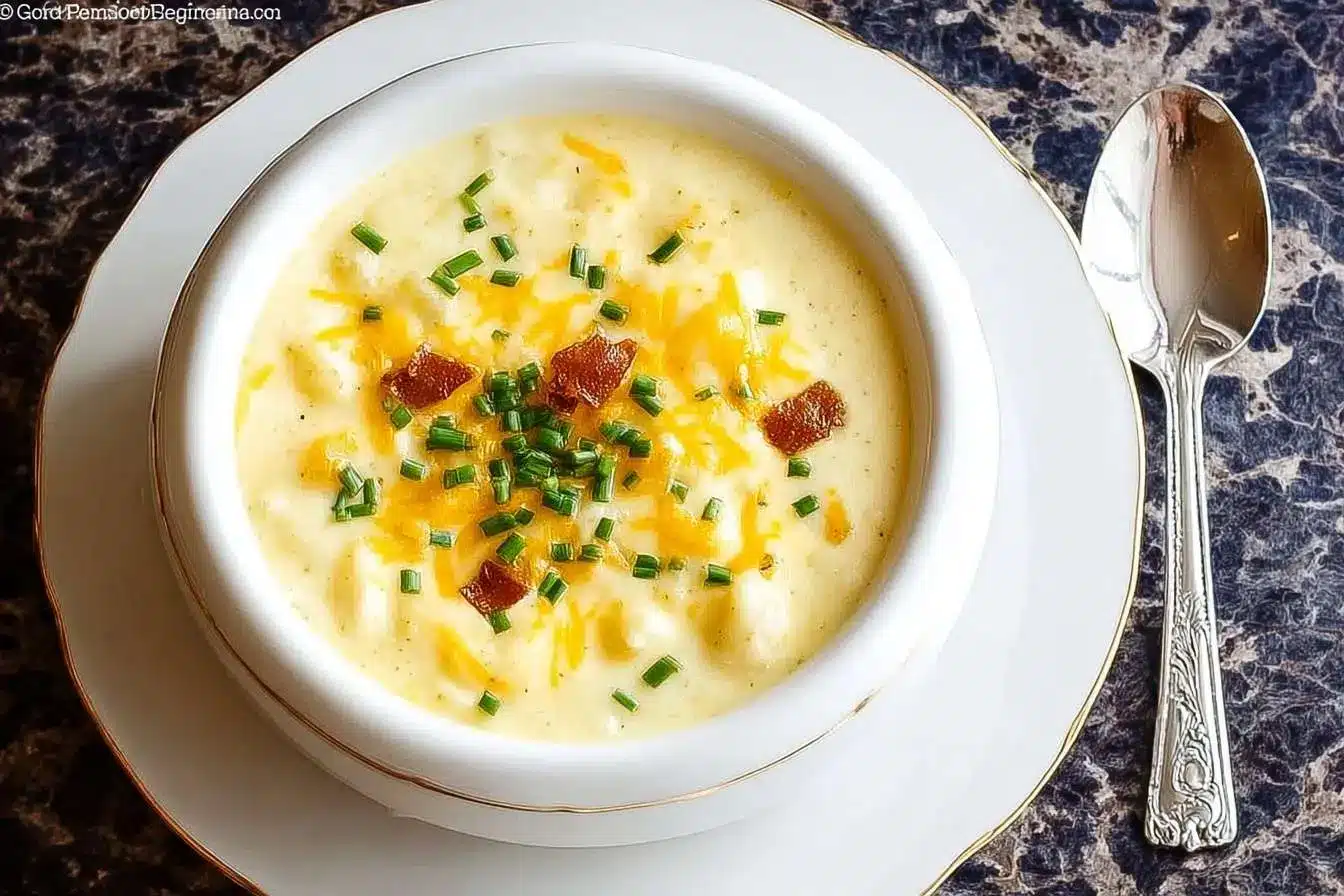 A white bowl of creamy potato soup loaded with shredded cheddar cheese, fresh chives, and crispy bacon bits, ready to be eaten.