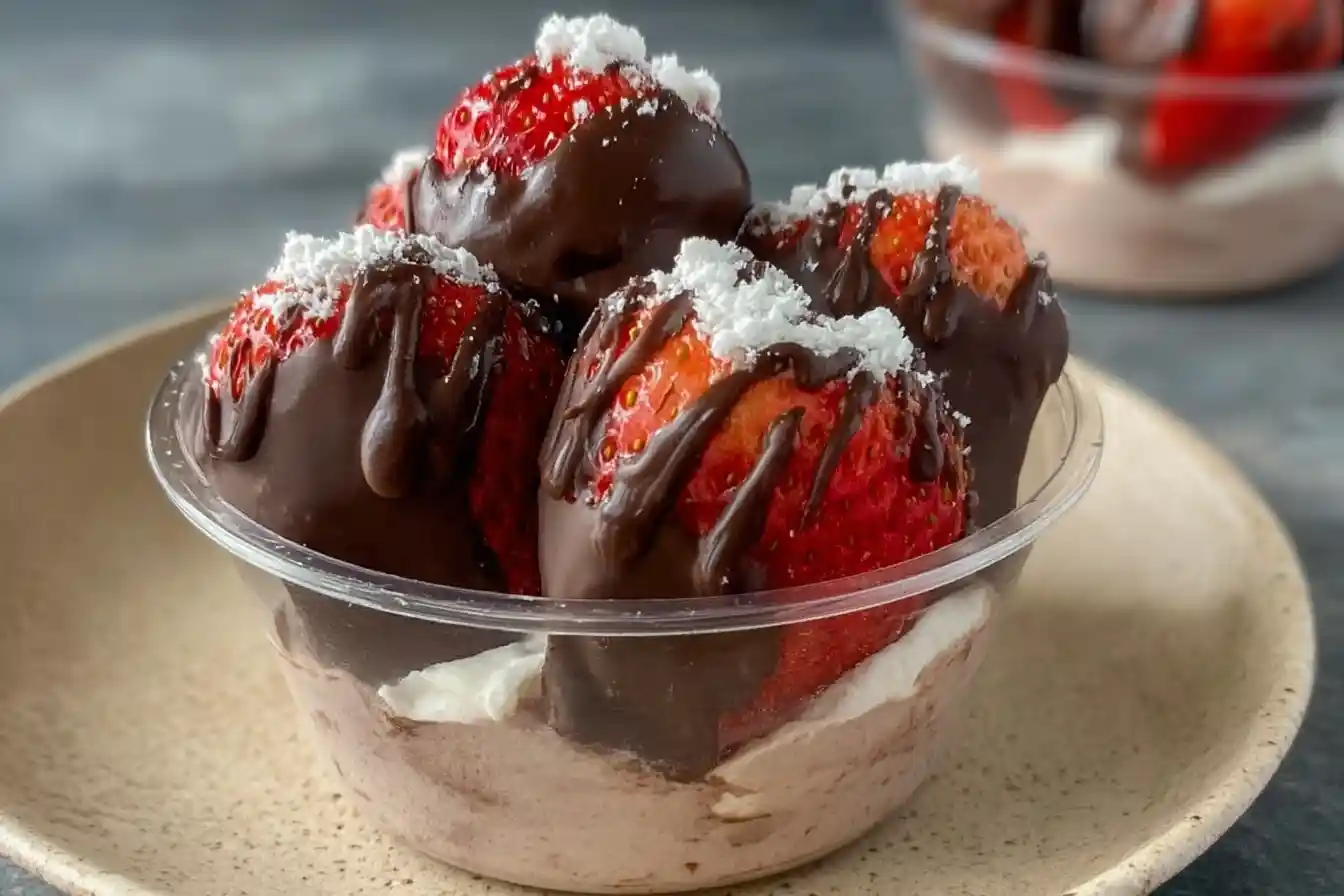Close-up of a dessert cup filled with mousse and topped with fresh chocolate covered strawberries and coconut.