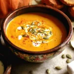 A rustic bowl of creamy soup from a pumpkin soup recipe, garnished with pumpkin seeds, herbs, and a swirl of cream.