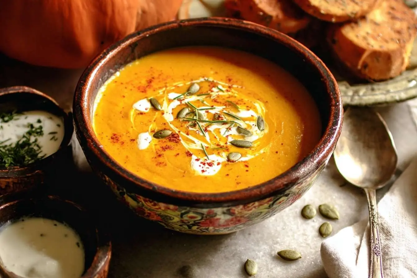 A rustic bowl of creamy soup from a pumpkin soup recipe, garnished with pumpkin seeds, herbs, and a swirl of cream.