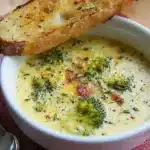 A close-up shot of a white bowl filled with creamy broccoli cheddar soup, garnished with bacon and herbs and served with a toasted crostini.