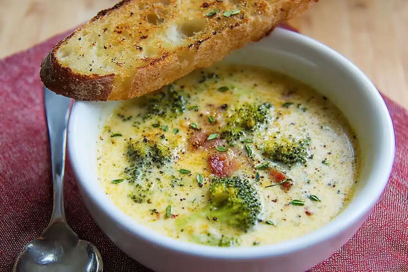 A close-up shot of a white bowl filled with creamy broccoli cheddar soup, garnished with bacon and herbs and served with a toasted crostini.
