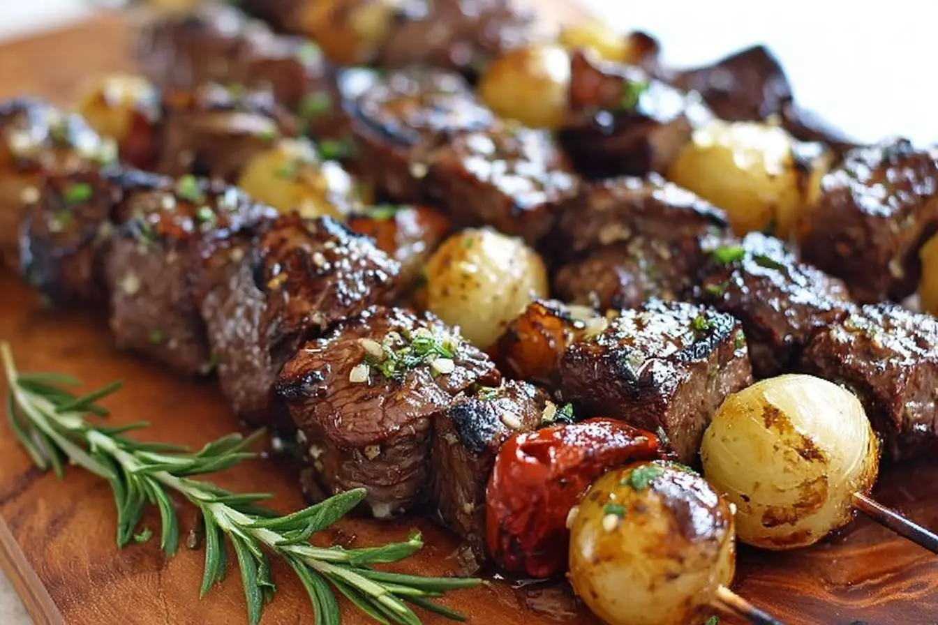 Several grilled steak kebabs with pearl onions and fresh herbs arranged on a rustic wooden serving board.