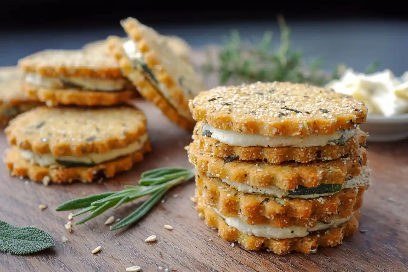 Stack of savory rosemary shortbread cookies with cream filling, topped with seeds and herbs on a wooden board.