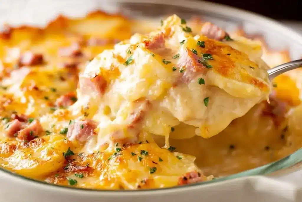 A spoon lifting a cheesy serving of scalloped potatoes and ham from a glass baking dish, garnished with fresh parsley.