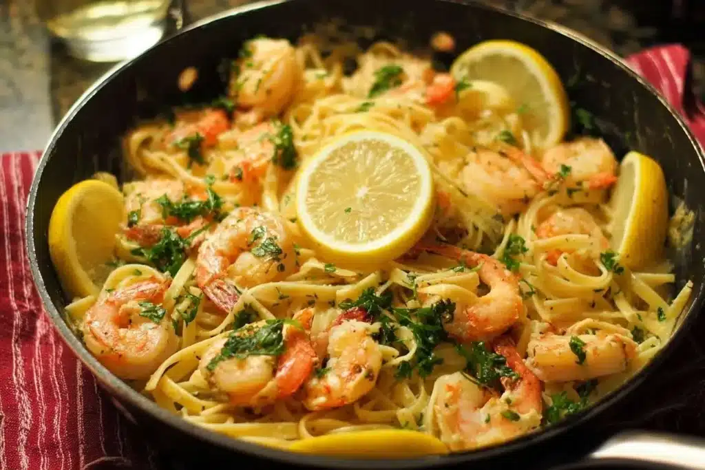 A close-up shot of a pan of creamy shrimp scampi with linguine, garnished with fresh parsley and lemon slices.
