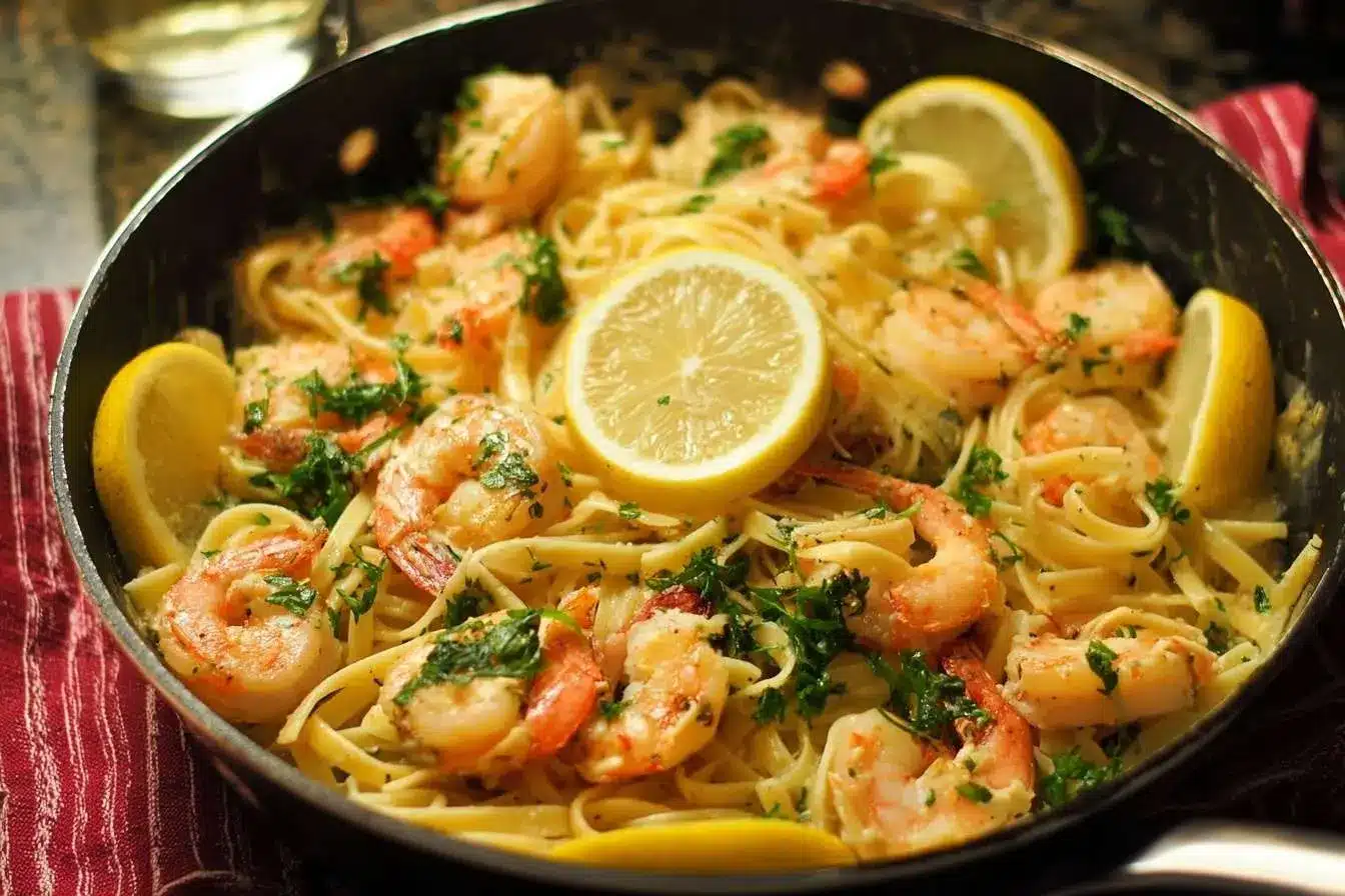 A close-up shot of a pan of creamy shrimp scampi with linguine, garnished with fresh parsley and lemon slices.