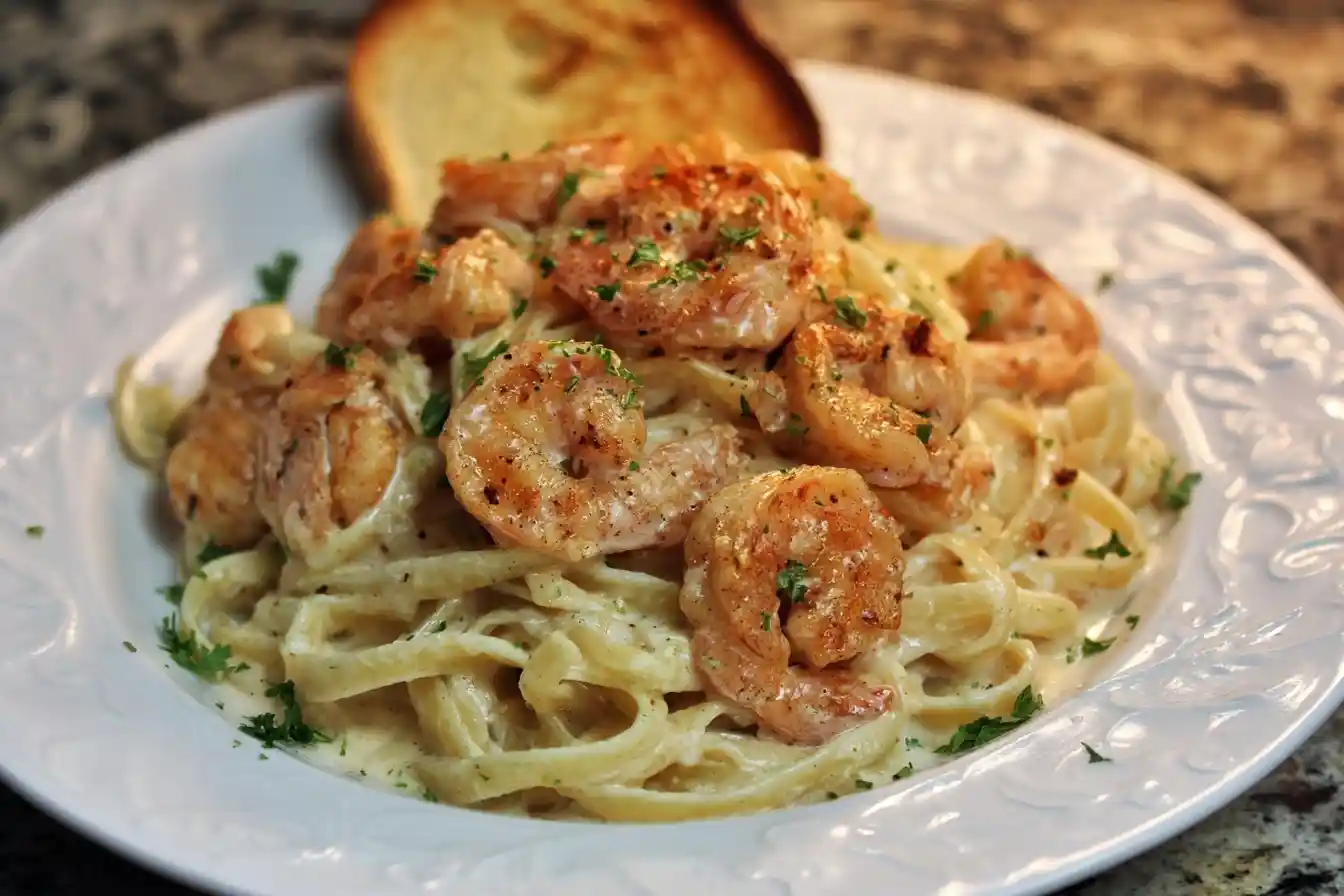 Close-up view of a plate of creamy Shrimp Alfredo pasta topped with seasoned shrimp and fresh parsley.