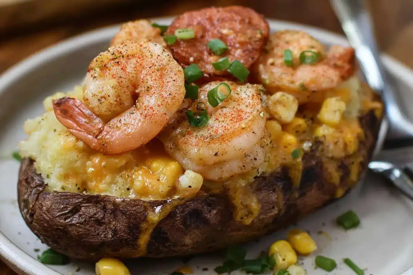 A close-up of a seafood stuffed baked potato topped with seasoned shrimp, sausage, cheese, corn, and green onions.