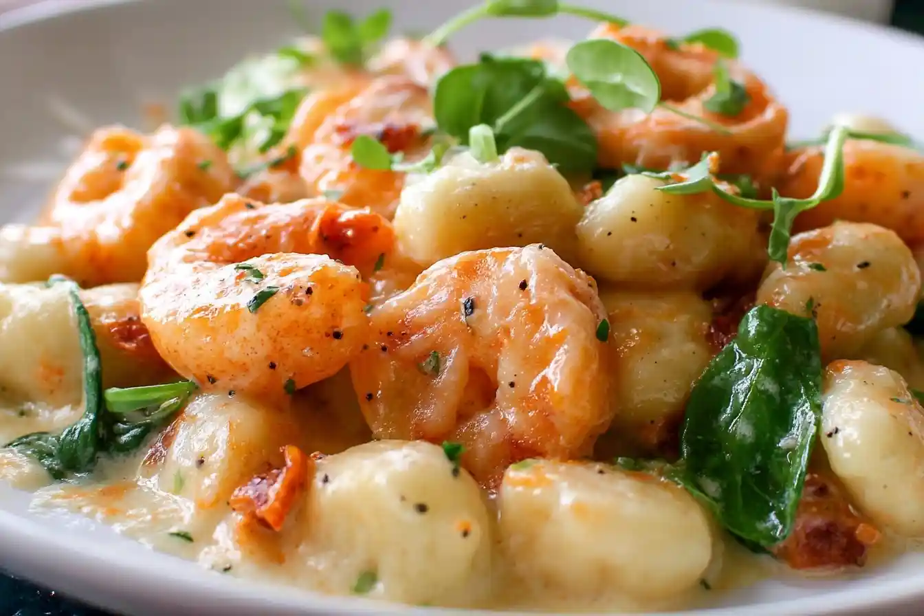 Close-up view of Creamy Shrimp Gnocchi with tender shrimp, spinach, and sauce in a bowl