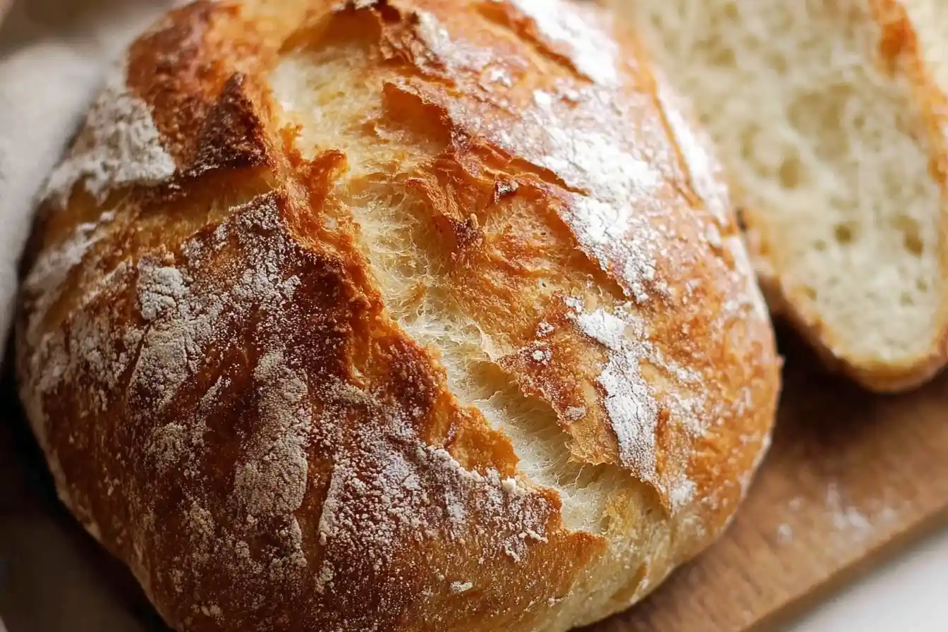 Close-up view of a golden brown loaf of crusty artisan bread with a floury scored top and a slice on a wooden board.