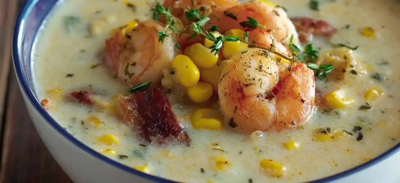Close-up view of a bowl of creamy Smoked Shrimp Corn Chowder topped with bacon and fresh thyme.