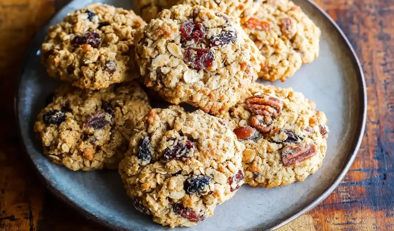 Close-up of hearty sourdough breakfast cookies loaded with oats, pecans, and dried fruit on a grey plate.