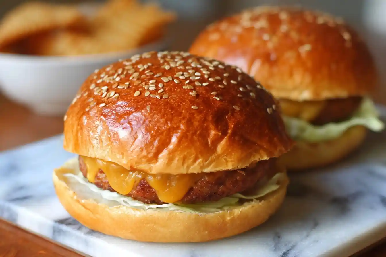 Juicy cheeseburger served on golden homemade burger buns with sesame seeds on a marble serving board.