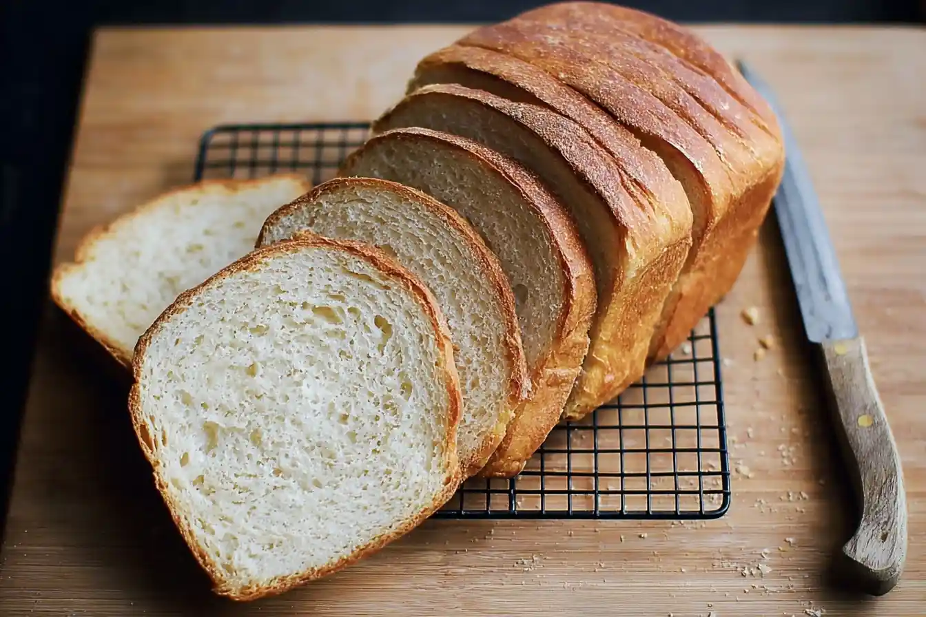 Sliced homemade white bread loaf cooling on a wire rack on a wooden cutting board next to a knife