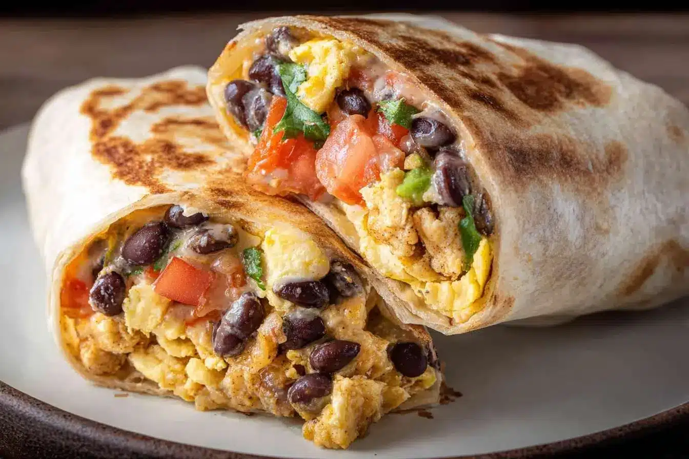 A delicious breakfast burrito cut in half, revealing a hearty filling of scrambled eggs, black beans, and fresh tomatoes.